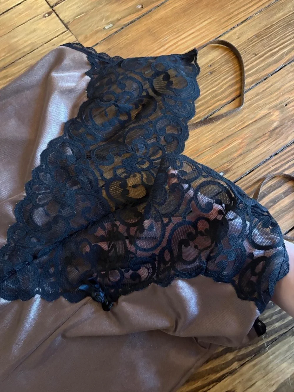 Silky Taupe Lace-Trim Slip Dress with Black Lace - Picture 6 of 7